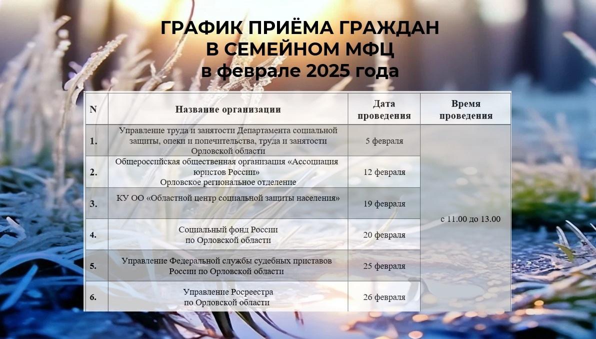 График приема специалистов различных ведомств региона в Семейном МФЦ города Орла на февраль