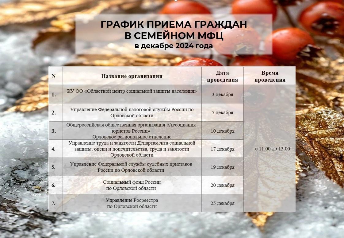 График приема специалистов различных ведомств региона в Семейном МФЦ города Орла на декабрь