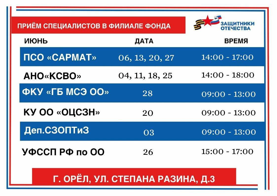 Расписание дежурств в окнах приема филиала фонда "Защитники Отечества" в Орловской области на июль