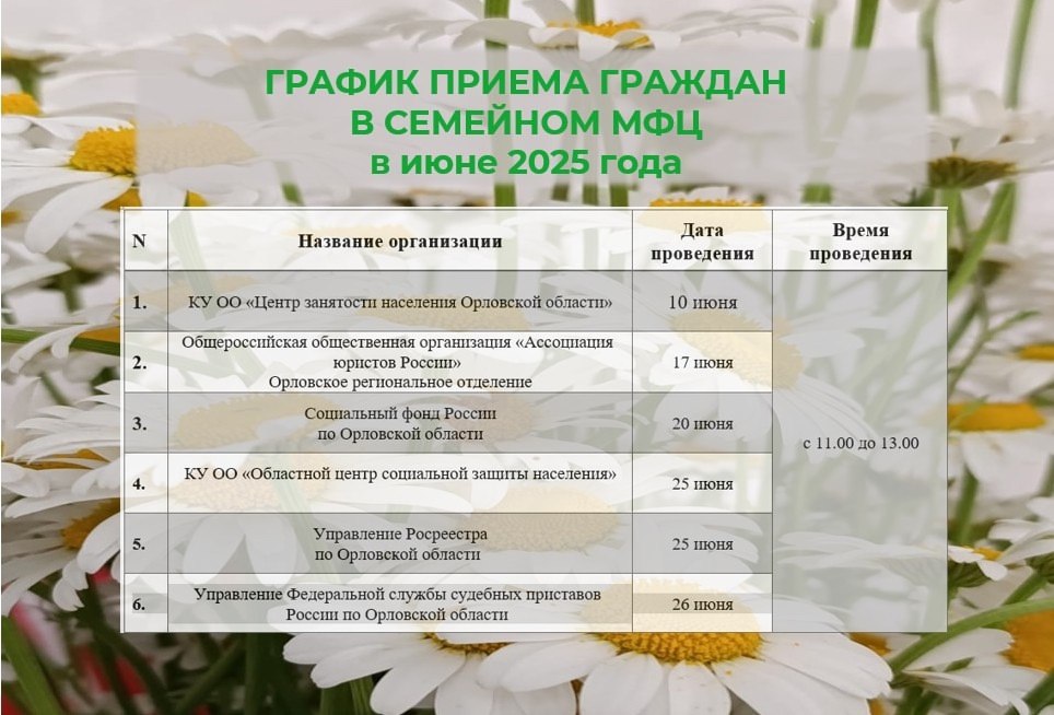 График приема специалистов различных ведомств региона в Семейном МФЦ города Орла на июнь