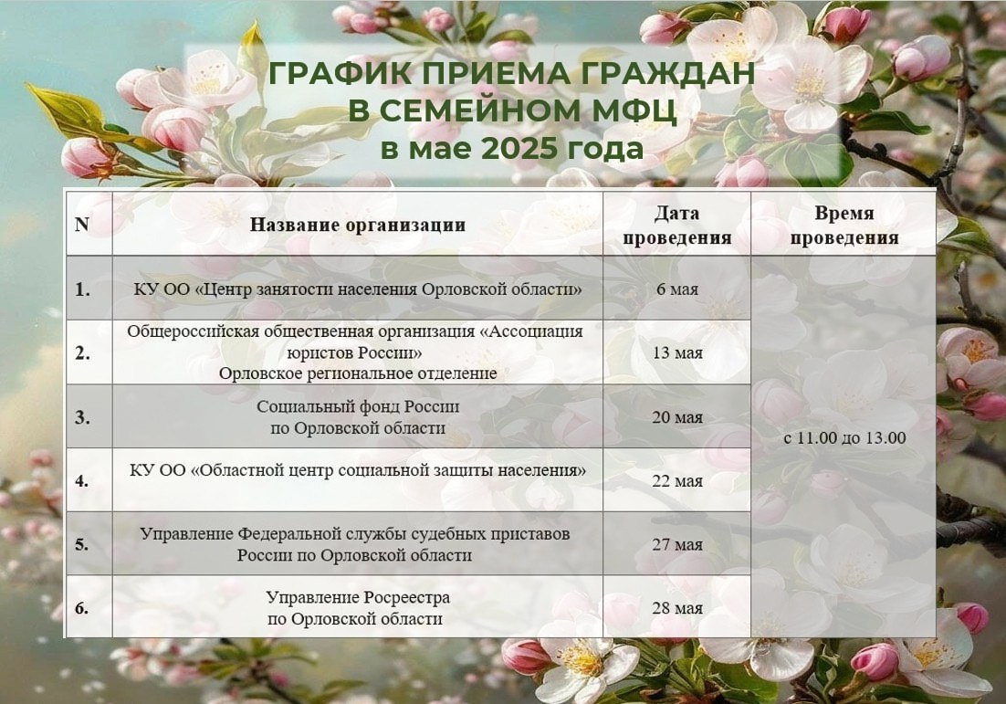 График приема специалистов различных ведомств региона в Семейном МФЦ города Орла на май
