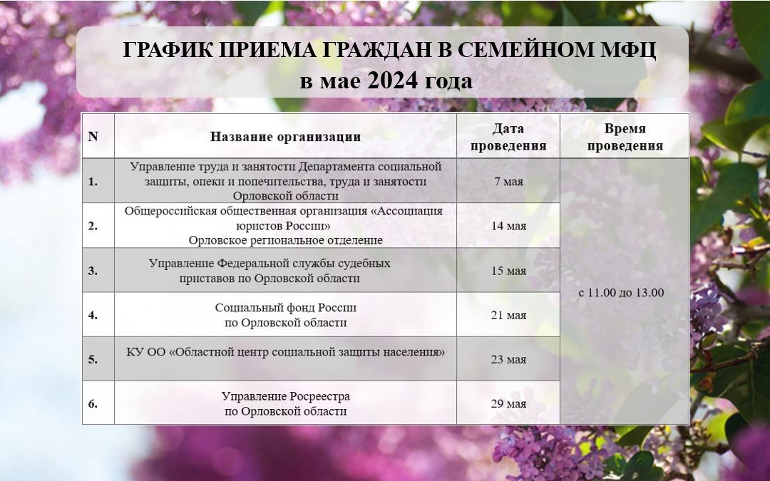 График приема специалистов различных ведомств региона в Семейном МФЦ города Орла на май