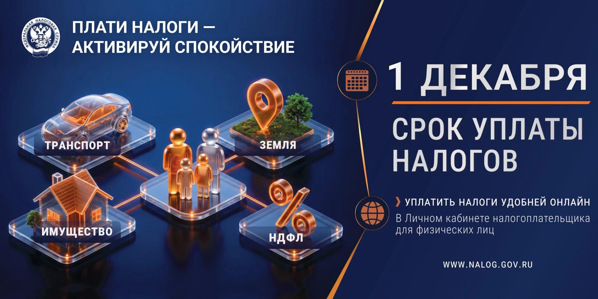 Федеральная налоговая служба напоминает: до 1 декабря необходимо уплатить налоги за 2025 год Федеральная налоговая служба напоминает: до 1 декабря необходимо уплатить налоги за 2025 год